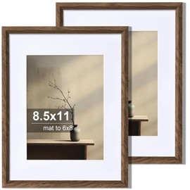 Axeman 8.5x11 Picture Frame Set of 2, Display 6x8 Pictures with Mat or 8.5x11 without Mat, Thin Border Wall Gallery Photo Frames for Wall and Tabletop Display, Walnut