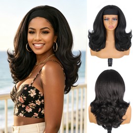 N NAYASA Yaki Curly Headband Wigs for Black Women 18 Inch Black Synthetic Layered Wig Curly Ends Wear and Go Glueless Kinky Straight with Headband Attached for Daily Wear
