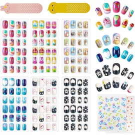 144Pcs 6 Pack Press on Nails for Kids Children Acrylic Fake Nails Pre-glue Full Cover Glitter Gradient Color Heart Cat Short False Nail Art Kits Sets Valentines Day Gifts for Kids Girls
