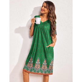 Ekouaer Womens House Dress Floral Print Moo Moos Nightgowns Moomoo Dresses Mumus with Pockets Green Feather M