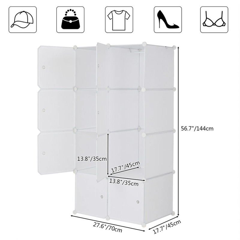 4-Tier Closet Storage Cabinet - White, 8-Cube, Hanging Rod &