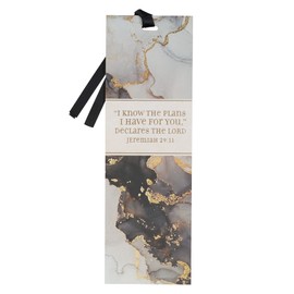 Gray Marble Swirl Premium Scripture Bookmark I Know The Plans I Have for You Jeremiah 29:11 Bible Verse Metallic Gold Accent Inspirational Bookmark for Men and Women w/Satin Ribbon
