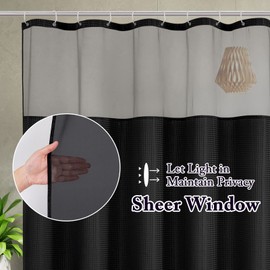 Gibelle Extra Long Shower Curtain 72 x 84, Waffle Weave Fabric Shower Curtain with Mesh Top Window and Hooks Set, Hotel Style Bathroom Design, Black