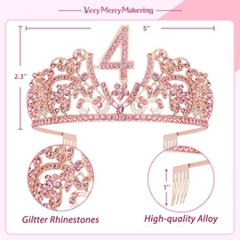 VeryMerryMakering 4th Birthday Sash and Tiara for Girls - Fabulous Glitter Sash + Flowers Rhinestone Pink Premium Metal Tiara for Girls, 4th Birthday Gifts for Princess Party