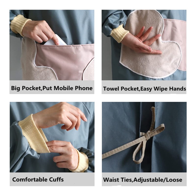 NAN Wind Women Kitchen Apron with Big Pockets,Long Sleeves Waterproof