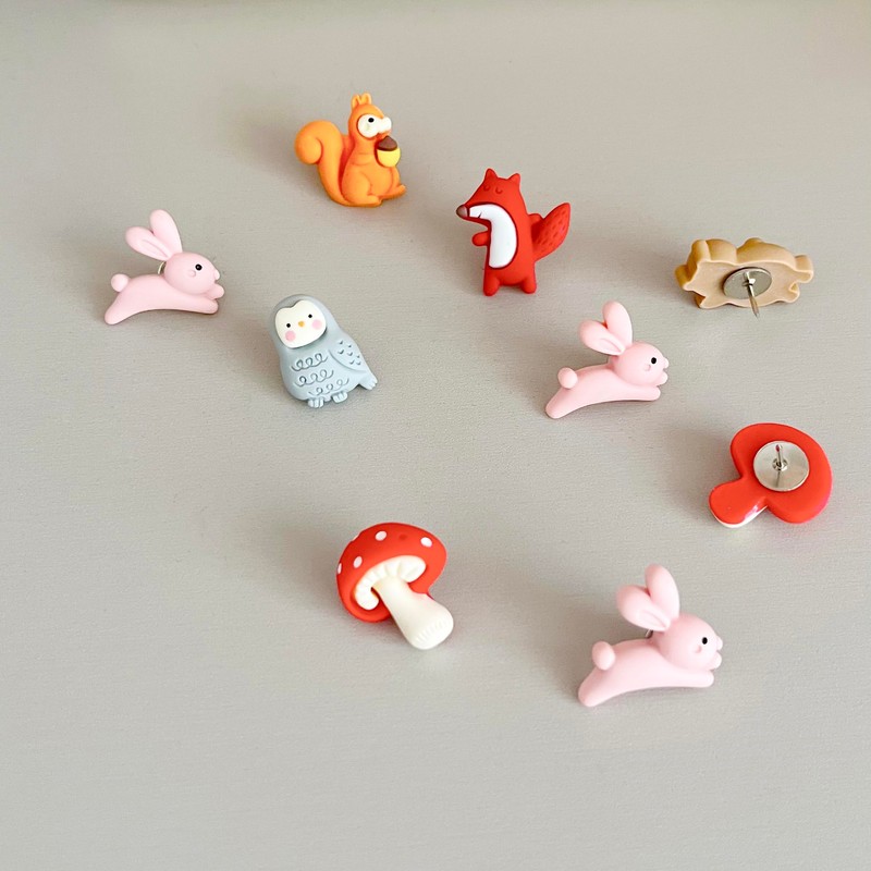Animal Push Pins (Squirrel,Fox,Hedgehog,Rabbit,Bear,Owl,Mushroom) - Cute Resin Thumb Tacks for
