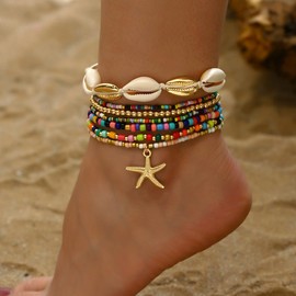 Seashell Anklets for Women Colorful Starfish Mermaid Ankle Bracelet Fashion Shell Beaded Anklet Set Boho Beachy Seashell Ankle Bracelet for Women Waterproof Hawaii Summer Mermaid Jewelry (Colour)