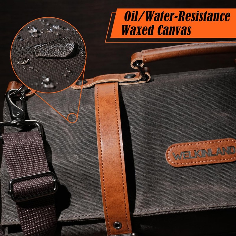 WELKINLAND 13-Pocket Knife Roll, Waxed-Canvas Leather Knife Roll Bag, Heavy-Duty