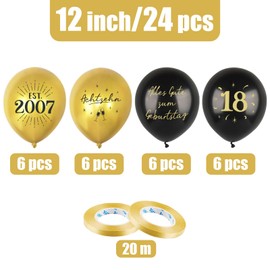 MEJOSER Pack of 24 Decorative 18th Birthday Balloons Boy Girl Man Women Balloons Latex 18 Happy Birthday 2007 Black Gold Happy Birthday Decoration (18)
