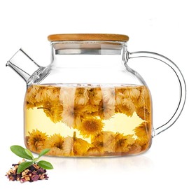 JOUALY Glass Teapot 34oz/1000ml, Stovetop & Microwave Safe Borosilicate Tea Pot,Clear Teapot with Strainer, Glass Tea Kettle with Wooden Lid for Loose Leaf、Fruit Tea and Fragrant Tea