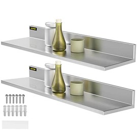 VEVOR Stainless Steel Wall Shelf, 8.6'' x 16'', Max. 44 lbs Load Capacity Heavy-Duty Commercial Wall-Mounted Shelving w/ Backsplash for Restaurant, Home, Kitchen, Hotel, Bar, Laundry Room (2 Packs)