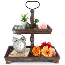 ASMPCUE 2 Tiered Tray Stand, Farmhouse Tiered Tray Stand with Metal Handle for Home Kitchen Decor, Wooden Rustic Two Tiered Square Serving Tray Coffee Table Tray for Decor, Tray ONLY(Rustic Wood)