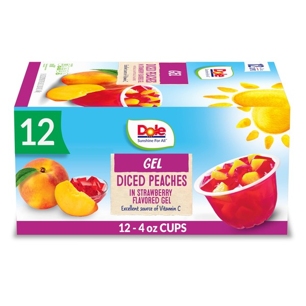 Dole Fruit Bowls Peaches in Strawberry Flavored Gel, Back To School, Gluten Free Healthy Snack, 4.3oz, 12 Cups