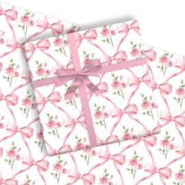 FYSUIMU 6 Sheets Flowers Wrapping Paper - Not Roll - Watercolor Pink Bow Gift Wrap Paper Folded Flat Coquette Bowknot for Valentine's Day Spring Birthday Baby Shower DIY Crafts, 19.7 x 27.6 Inch