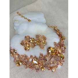 MMonesu Crystal Flower Bib Statement Necklace Set Chunky Champagne Diamond Flower Statement Necklace & Earrings Drama Bib Collar Jewelry Set for Women Prom Party Jewelry