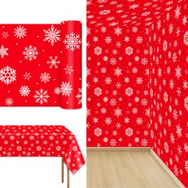 gisgfim 100 Ft x 51 Inch Snowflake Tablecloth Roll Christmas Themed Snowflake Printed Disposable Table Cover Red Christmas Winter Backdrop for Holiday Xmas Home Picnic Party Supplies