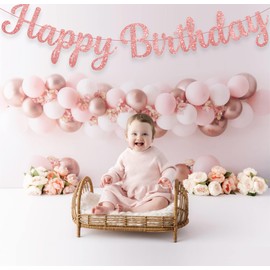 Cursive Glitter Rose Gold Happy Birthday Banner 10 Feet| Birthday Party Decorations | Happy Birthday Sign for Girls, Women (Rose Gold)