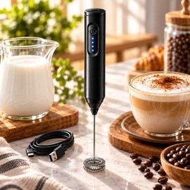 Electric Milk Frother Handheld, USB Rechargeable 3-Speed Coffee Frother Wand, Mini Electric Whisk for Cappuccino, Latte, Matcha, Hot Chocolate & Milk Foam, Portable Coffee Mixer for Home & Office
