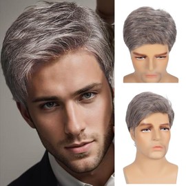 Siudus Mens Light Brown and Grey Short Wig Straight Side Part Synthetic Heat Resistant Fiber Old Men Hair Wig for Daily Use