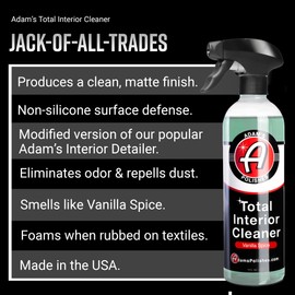 Adam's Polishes Total Interior Cleaner & Protectant, Quick Detailer & SiO2 Protection, Ceramic Infused, Anti-Static, OEM Finish, For Leather, Vinyl, Plastics, Glass & More