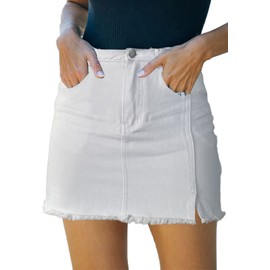 HERBATOMIA Women’s Denim Mini Washed Frayed Skirt High Waist A-line Bodycon White Split Hem Casual Jean Skirts with Pocket for Women