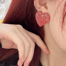 Rhinestone Heart Love Big Stud Earrings for Women Dainty 925 Sterling Silver Post Big Crystal Hearted Studs Pin Minimalist Fashion Party Wedding Valentine's Day Gifts Her Mom Wife Bff (Red)