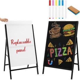 Replaceable Metal A Frame Sidewalk Sign 24x36 Inch Heavy-Duty Chalkboard Sandwich Board Signs Poster Stand Outdoor Including Magnetic Blackboard, Poster Corrugated Board, Chalk, Chalkboard Eraser