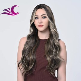 Long Wavy Brown Mixed Blonde Highlight Wigs Heat Resistant Synthetic Hair Wigs for Womencolor: T1FH004, Stretched Length: as pic