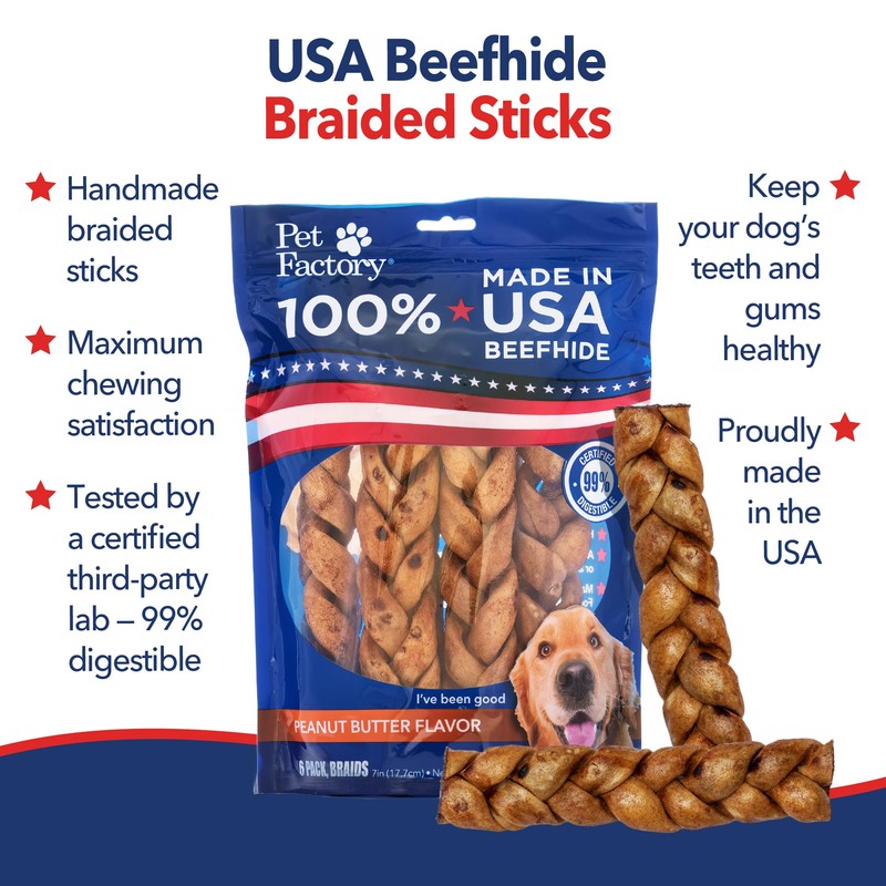 Pet Factory 7in Braided Beefhide Dog Chew Sticks with Peanut