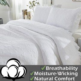 Brandream White Quilt Set King Size Cotton Romantic Ruffle Bedspread Matelasse Bedding Coverlet Set 3-Piece