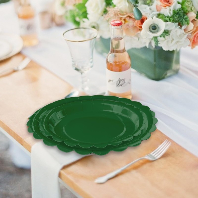 FALIZIFU 50 Pcs Green Scalloped Paper Plates 25 × 7''