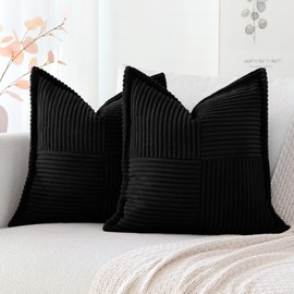Artscope Corduroy Cushion Covers Pack of 2 Modern Patchwork Throw Pillow Covers Soft Pillowcase Broadside Decorative Textured Cushions for Home decor Sofa Bedroom Couch Black 55x55cm