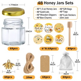 Aliggbent 48 Pack Mini Honey Jars Party Favors in Bulk, 1.5 oz Small Hexagon Glass Honey Jars with Dippers, Lids, Cute Stickers, Bee Charms, Gift Bags and Jute for Baby Showers, Weddings & Birthdays
