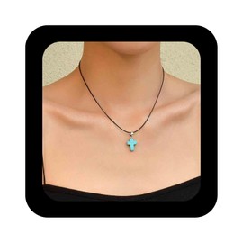 Cimenexe Bohemian Turquoise Cross Choker Necklace Tribal Crucifix Stone Pendant Necklaces Minimalist Black Wax Rope Chain Necklaces Turquoise Stone Cross Collar Necklace Jewelry for Women