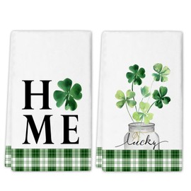 St. Patrick's Day Dish Towels, Lucky Shamrock Bottle Kitchen Towels, 18x26 Inch Clover Home Tea Towel, Set of 2 Seasonal Green Buffalo Plaid Decoration Hand Towels for Bathroom Kitchen Baking Cooking