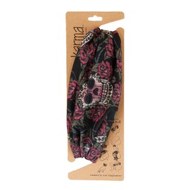 Karma Diadema de calavera de azúcar para mujer, ancha, diadema de tela y bufanda elástica para el cabello, color negro