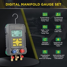 CMTOOL HVAC Gauges Digital Manifold Gauges Set, 92 Refrigerants, Pressure and Temp Test, HVAC Tools with 2 Temperature Clamps and 3 Hoses, for R134A 1234YF R22 R12 R404A R410A