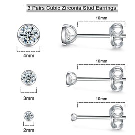 Women's Stud Earrings Silver 925, 3 Pairs of Small Sterling Silver Stud Earrings, Set with Zirconia, Cartilage, Sparkling Infinity Stud Earrings, Jewellery for Oktoberfest, Gifts for Him / Her 2/3/4 mm, Gold-Plated Silver, silver