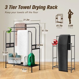 WeGXY 44" Extra Large Free Standing Towel Rack - 3 Tier Outdoor Pool Towel Holder, Versatile Blanket and Quilt Rack Stand for Living Room, Bathroom, Bedroom, Beach, Hot Tub, Gym and Pool Area Outside