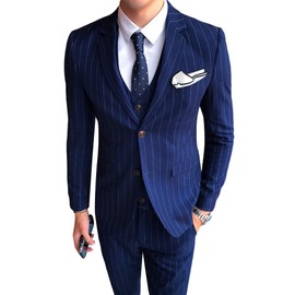 Mens 3 Piece Stripe Suits Set Checked 2 Button Tux Blazer Jacket Vest Trousers