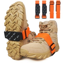 Ice Cleats Snow Traction Cleats for Walking on Snow and Ice, 7 Studs Mid Sole Anti-Slip Overshoe Easily Rotate Crampons with Adjustable Straps, Orange and Black, 1 Pair/2 Pairs