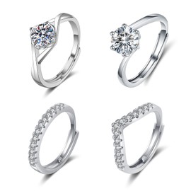 4Pcs Women's 925 Sterling Silver Ring Adjustable Cubic Zirconia Wedding Engagement Ring Open Thumb Rings for Women Stacking Rings Set Friendship Promise Jewelry Gifts Valentine Christmas Anniversary