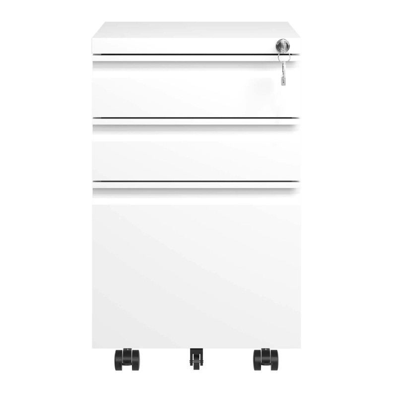 3 Drawer Fully Assembled White Metal Mobile File Cabinet Lock