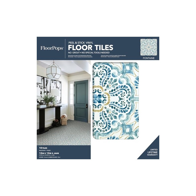 FloorPops FP2477 Fontaine Peel & Stick Floor Tiles, Blue