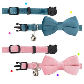 Gyapet Cat Collar Soft Velvet with Bow Tie Bell Breakaway Safety Boy Girl Kitten Basic Pure Colors Male Female [2pcs] Blue & Pink