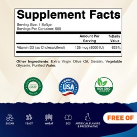 Vitamatic Vitamin D3 5000 IU (125 mcg) – 500 Mini Softgels Olive Oil-Based Formula – Cold-Pressed – 500-Day Supply – Supports Bone, Muscle & Immune Health – Non-GMO & Gluten-Free