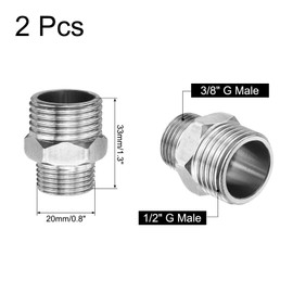 sourcing map 2pcs Hex Nipple Stainless Steel Pipe Fitting G1/2" Male x G3/8" Male Threaded Pipe Adapter Pipe Connector with PTFE Tape for Water, Gas, Fuel Pipeline (Silver Tone, 26mm/1")