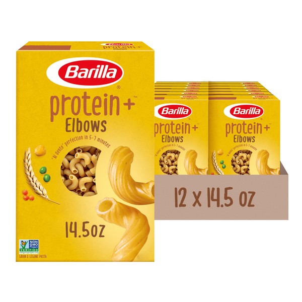 BARILLA Protein+ (Plus) Elbows Pasta - Protein from Lentils, Chickpeas & Peas - Good Source of Plant-Based Protein - Protein Pasta - Non-GMO - Kosher Certified - 14.5 Ounce Box (Pack of 12)