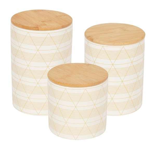 Home Basics Diamond Stripe 3 Piece Ceramic Canister Set with Bamboo Top, White