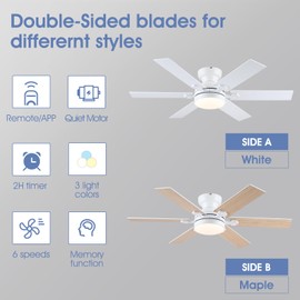 Goniyado 46" White Low Profile Ceiling Fans with Lights,Modern Flush Mount Ceiling Fans with Reversible DC Motor,Dimmable 3 Colors 6 Speeds
